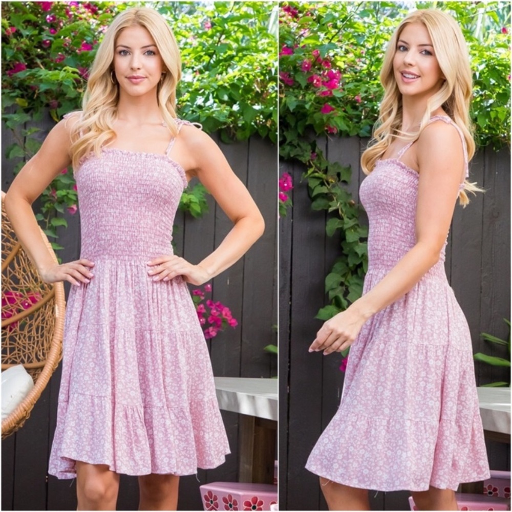 New USA MADE Cinched Stretchy Flowy String Tie Bow Shoulders Spring Dress - Picture 3 of 4